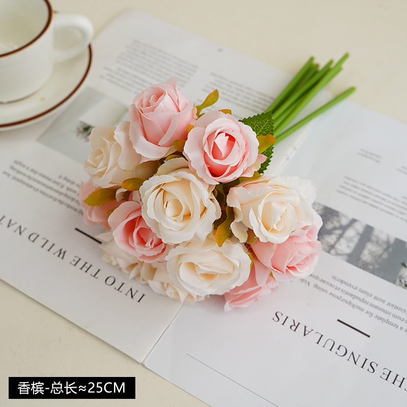 Korean Wedding Bridal Bouquet Bunch of 12-Head Bunch of Small Roses Home Decorative Fake Flower Simulation 12-Head Small Roses