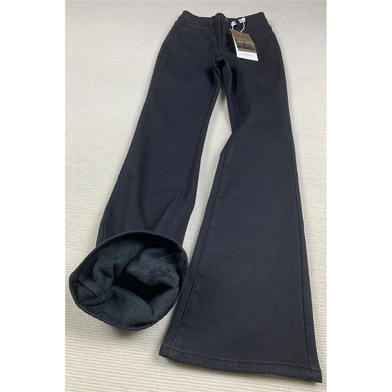 喇叭裤女小个子低腰显瘦加绒裤子宽松黑色牛仔裤秋冬不贴腿微喇裤
