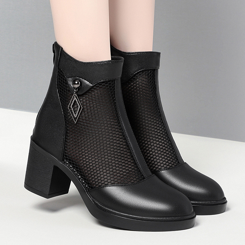 【全牛皮】女鞋真皮网靴女凉靴网纱凉鞋中粗跟短靴单靴镂空皮靴子