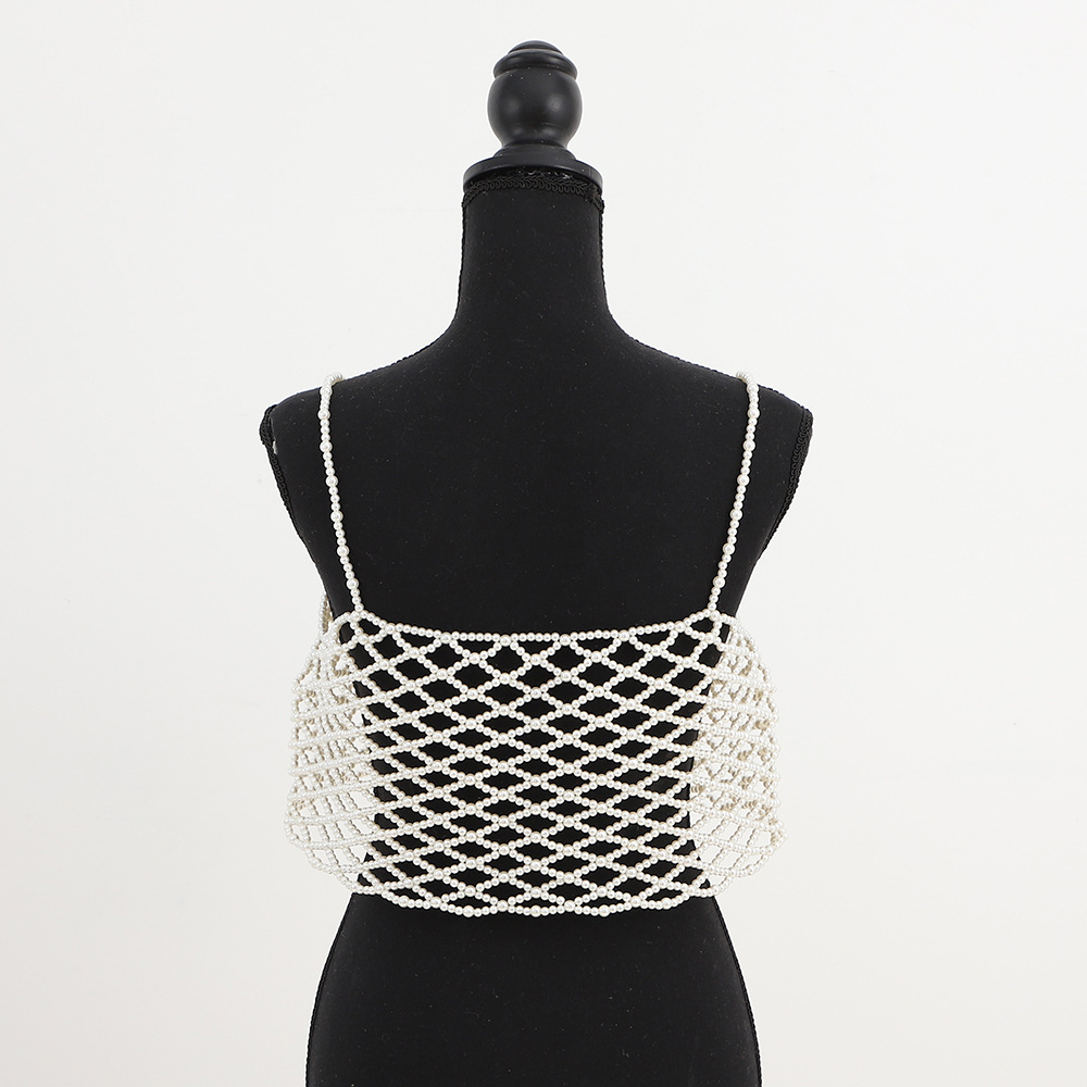 手工编织镂空珍珠吊带背心潮 唯美风外搭珍珠抹胸女diy珍珠服饰