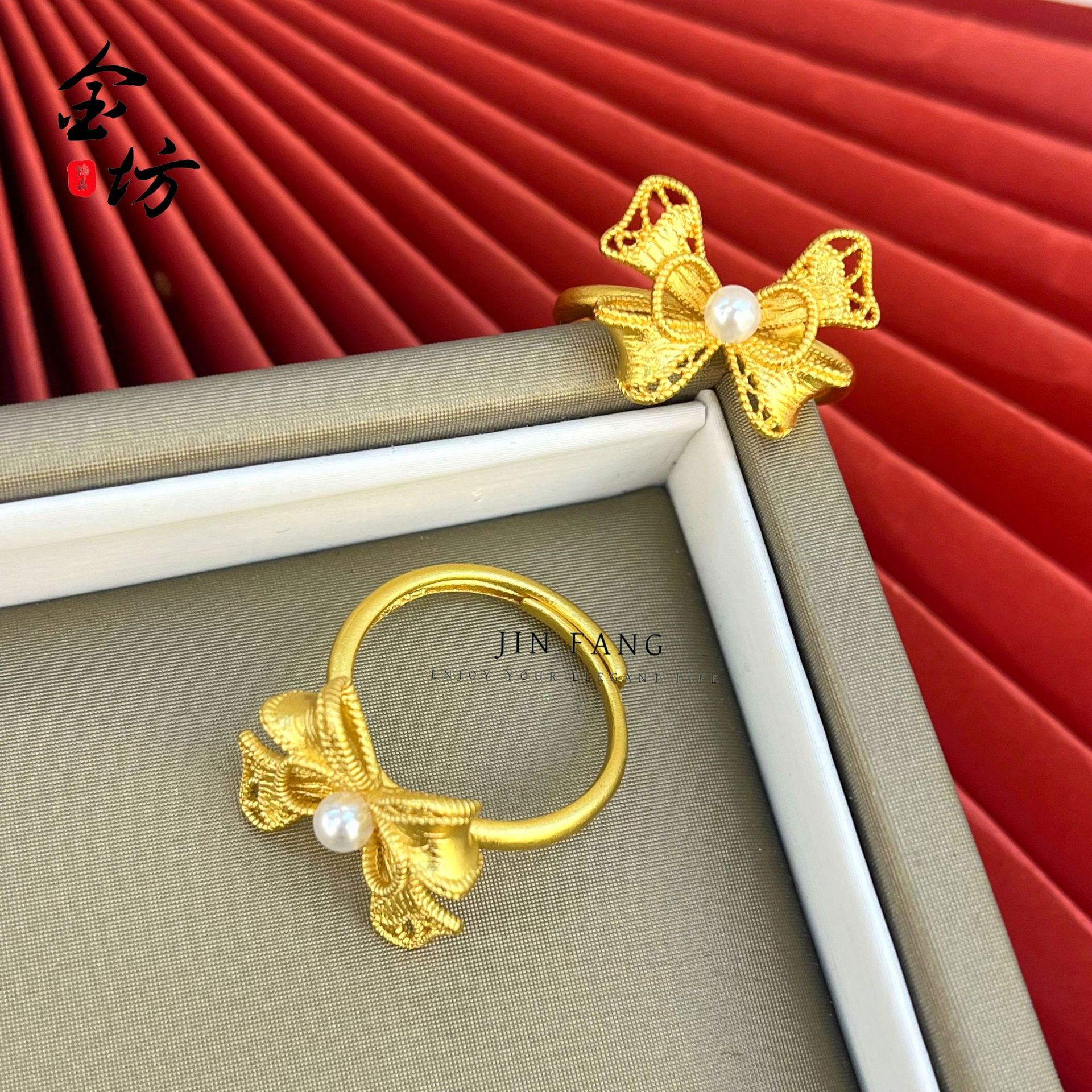 久不掉色沙金999珍珠蝴蝶结戒指气质女礼物国风开口指环包邮批发