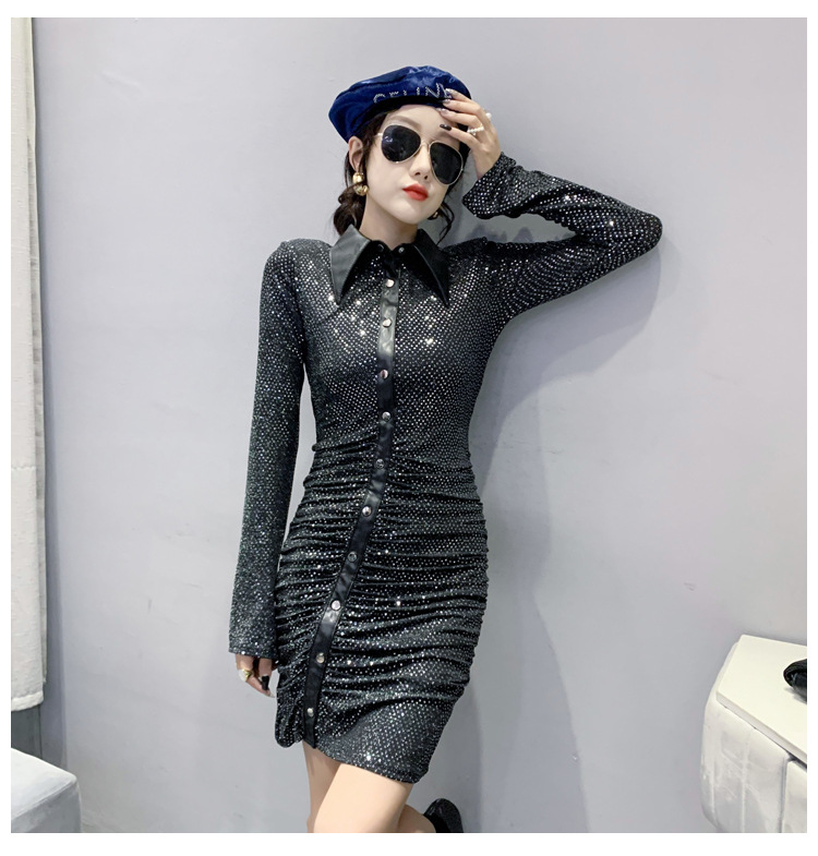 亮片连衣裙女派对重工银色珠片包臀短裙斜边单排扣子褶皱拼皮蹦迪