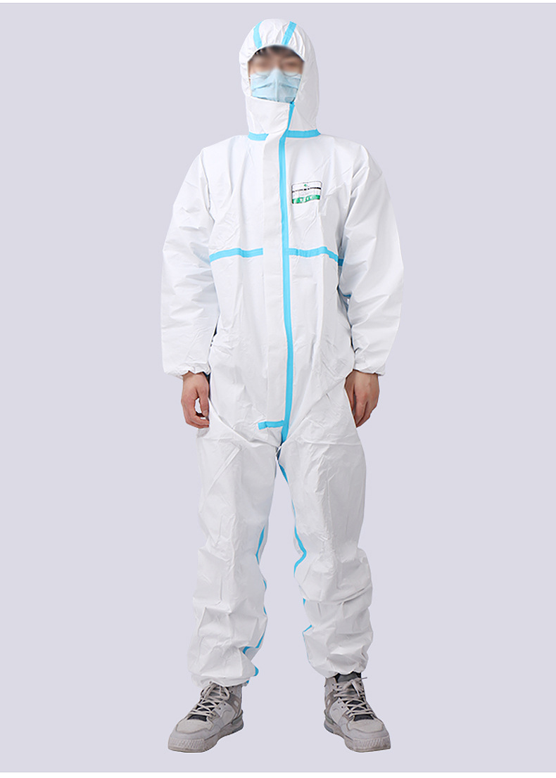 蓝条防护服连体带帽无纺布工作服养殖场防水sf透气膜一次性隔离衣