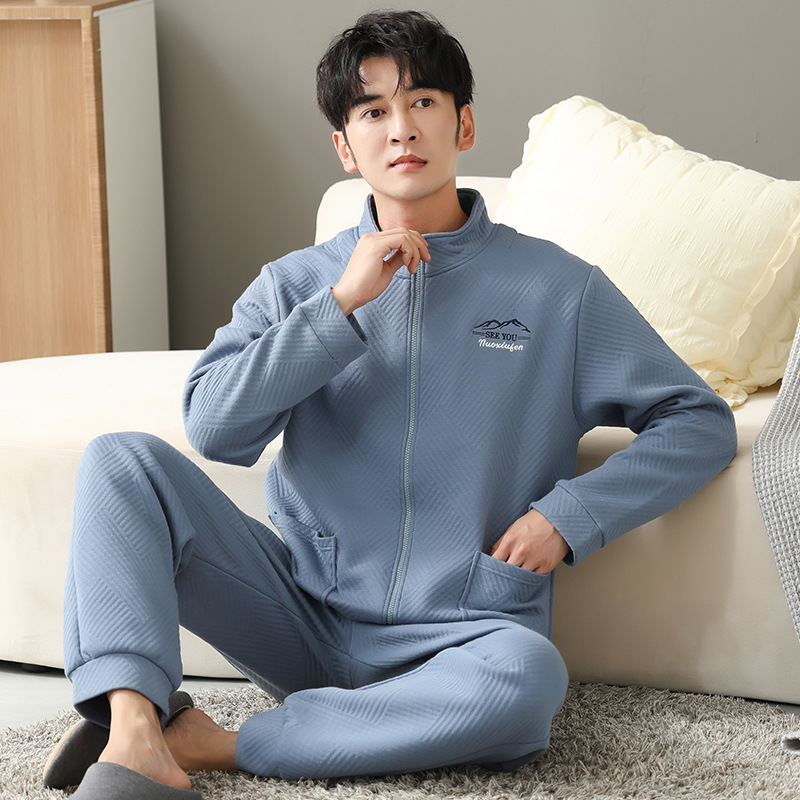 Pajamas Men's Spring and Autumn 60 Cotton Long-Sleeved Homewear Autumn and Winter Zipper Quilted Air Cotton Interlayer Suit