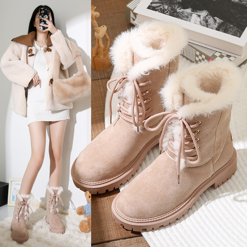 雪地靴女皮毛一体2024新款东北两穿系带中筒棉鞋加绒加厚雪地棉靴