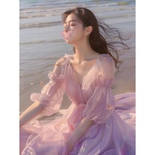 绝美沙滩裙夏季2024新款海边度假风高级感超好看粉色连衣裙仙女裙