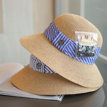 慕零 蓝色条纹M标夏季小清新草帽简约日系百搭遮阳折叠渔夫帽子女