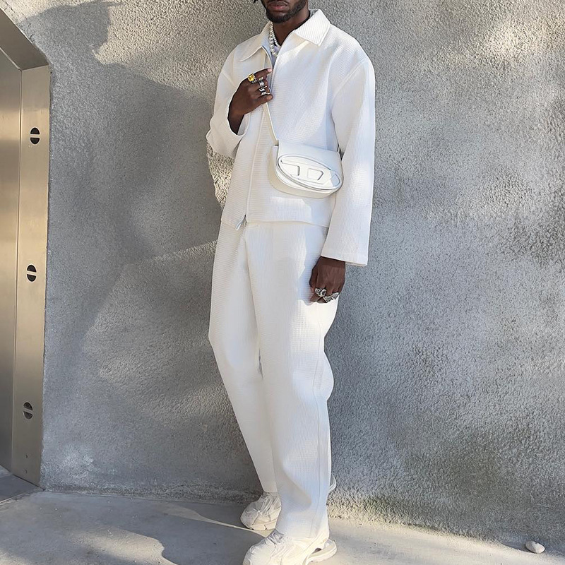 现货秋冬时尚夹克休闲裤两件套热销男装身新款修潮流纯色男式套装