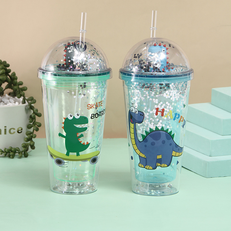 New Cartoon Double-Layer Plastic Cup Creative Dinosaur Doll Water Cup Men and Women Student Straw Cup with Lights