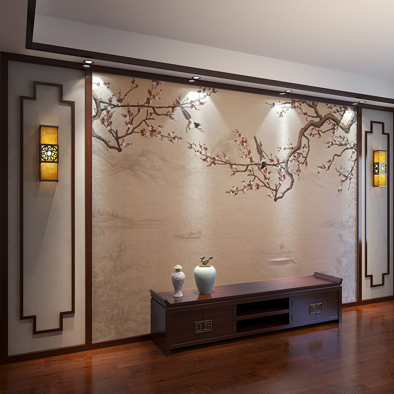 电视机背景墙壁纸新中式客厅影视墙古风梅花鸟墙纸壁画墙壁布