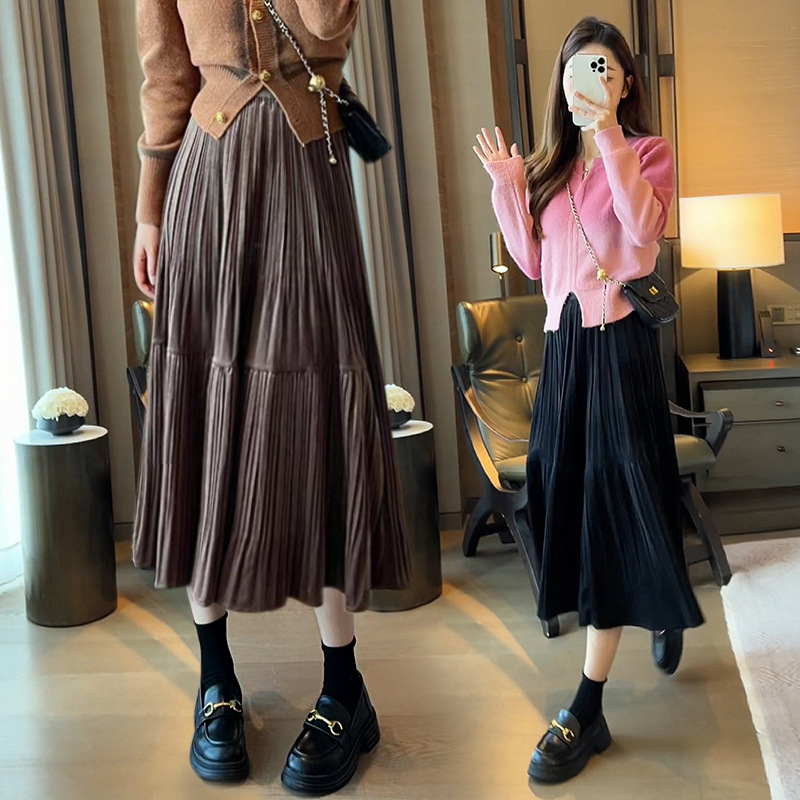 高腰金丝绒加厚半身裙子女秋冬季2023新款小个子a字百褶裙中长裙