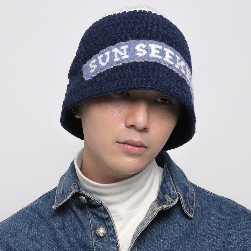 韩国小众设计师款针织渔夫帽宋旻浩同款大头围保暖护耳字母毛线帽