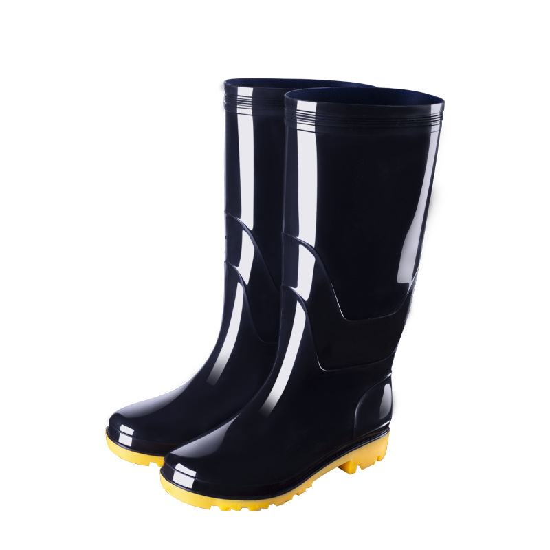 Four Seasons Black Labor Protection Men Knee-High Rain Boots Wholesale Non-Slip Construction Site Wear Resistance PVC Tendon Bottom High Top Rain Shoes Men