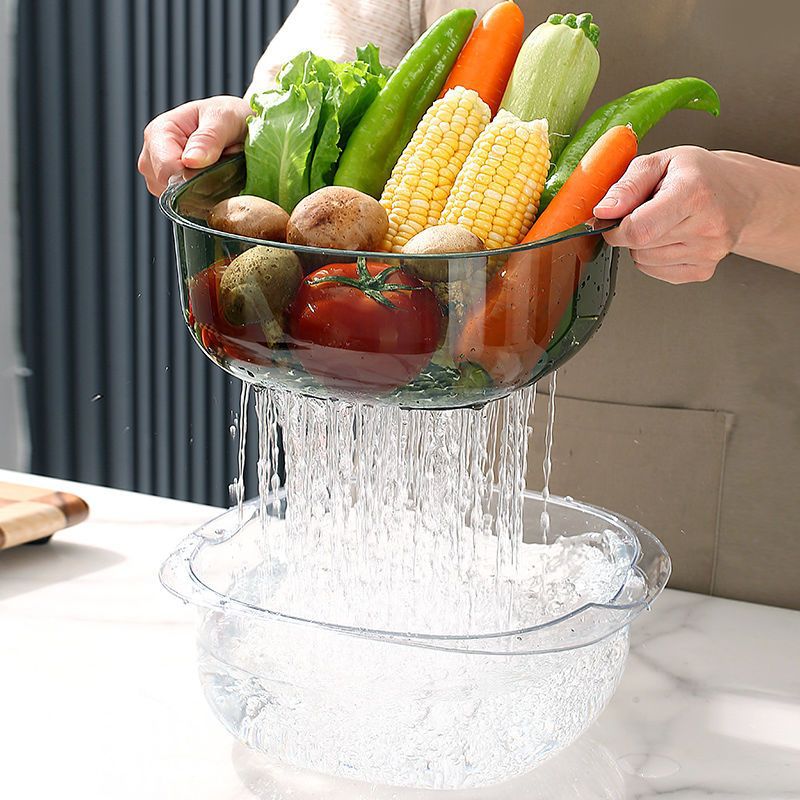 Multi-Functional Double-Layer Drain Basket Wholesale Kitchen Vegetable Basin Wash Fruit Basin Vegetables Basin Household Fruit Basin Large