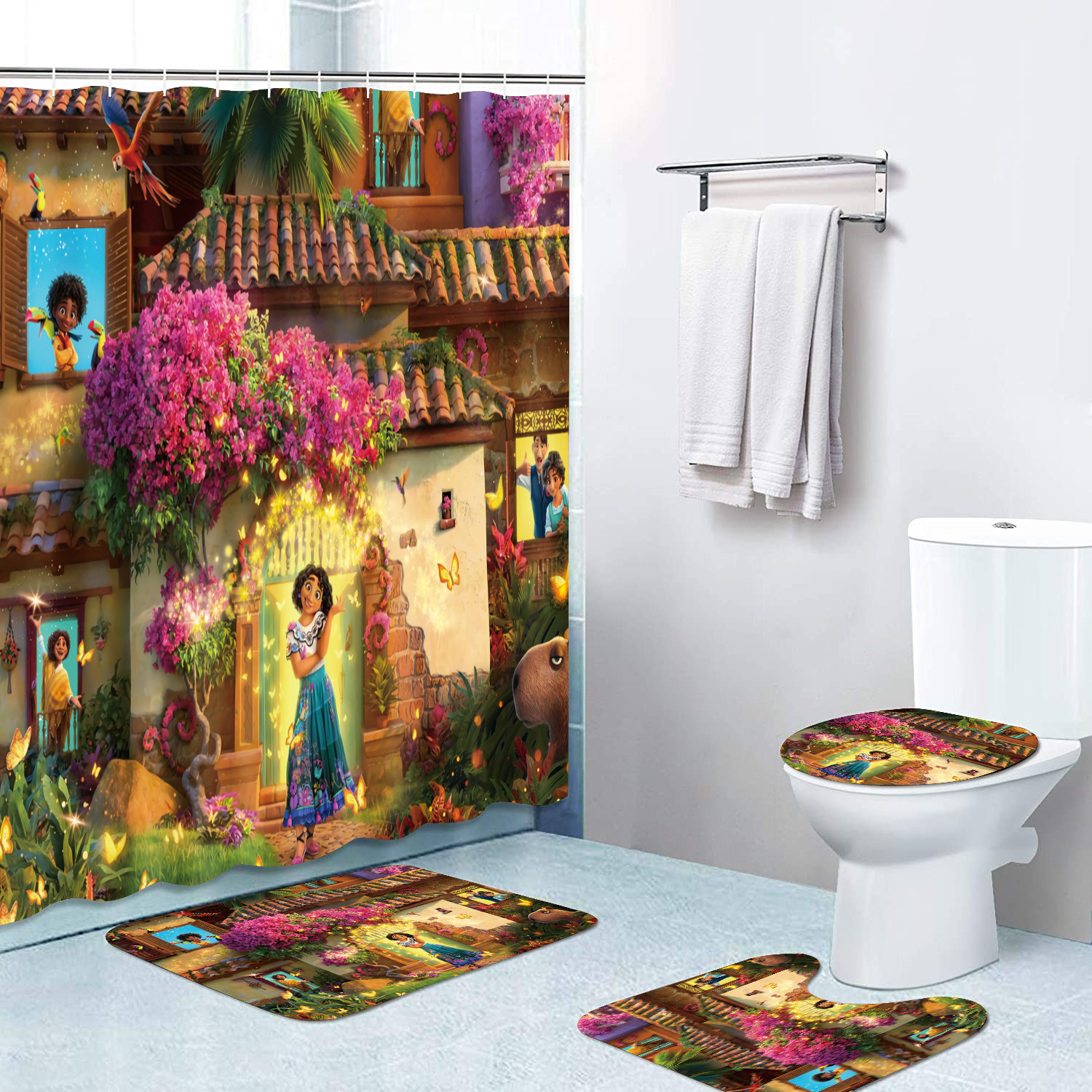 Magic Full House Shower Curtain 4 PCs Set Encanto Waterproof Shower Curtain Carpet Non-Slip Mat Toilet Mat Floor Mat Set