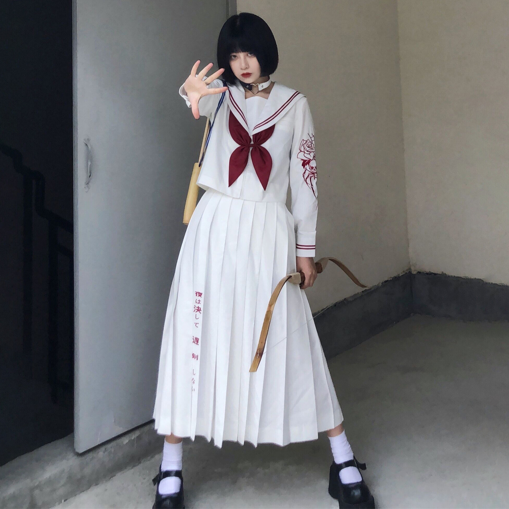 【现货批发】鬼玫蝶原创jk制服裙不良长裙暗黑刺绣水手服学生套装