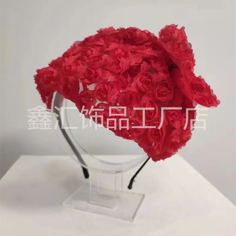 Korean High-End Hair Accessories European and American Retro Rose Beret Top Hat Headband Hairpin Cover Gray Hair Headdress