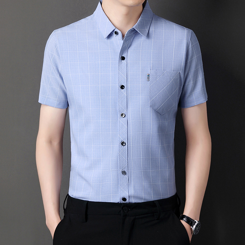 Summer Short-Sleeved Shirt for Young Men Thin Slim-Fit Plaid Real Pocket Decorative Non-Ironing Shirt One Piece Dropshipping