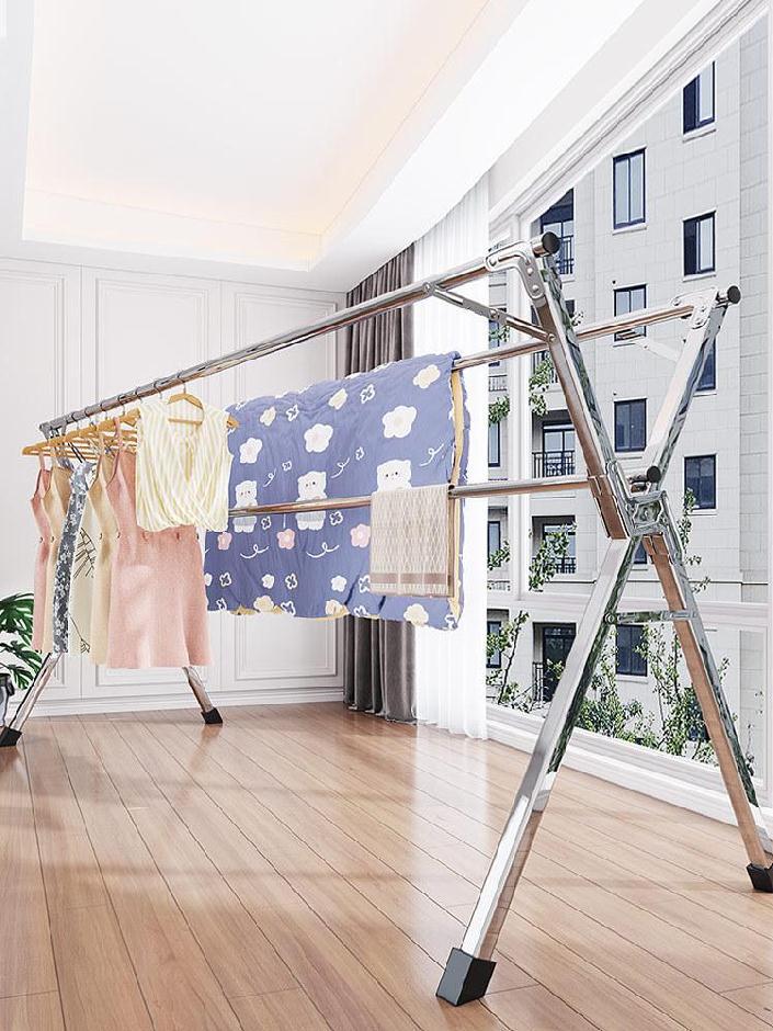 晾衣架落地折叠卧室内家用阳台伸缩单杆式挂凉衣服室外晒被子0634