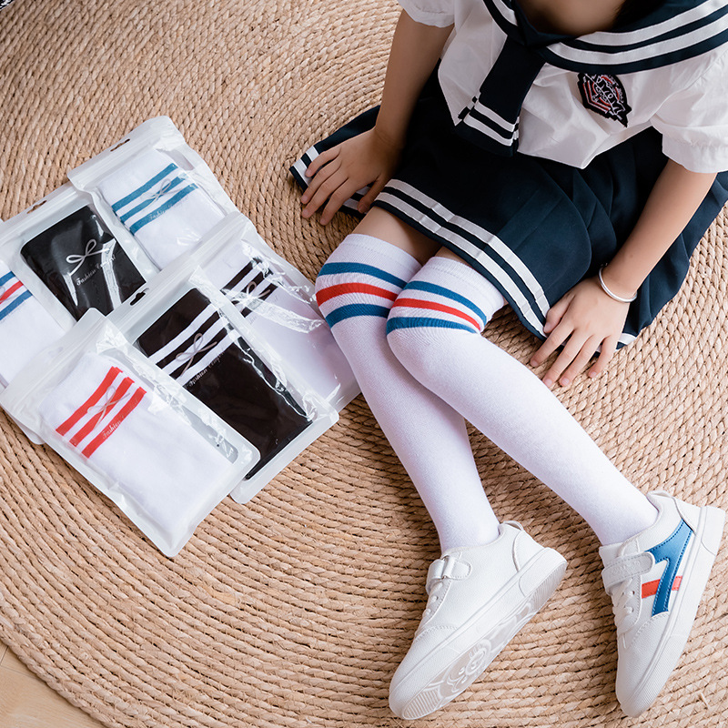 春秋薄款女学生运动袜足球长筒袜儿童中筒篮球棉袜条纹男童过膝袜