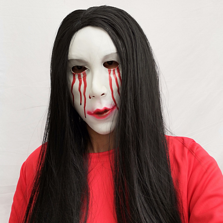 红衣女鬼面具鬼屋道具万圣节气氛道具节日整蛊吓人乳胶面具工厂
