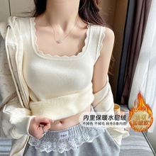 秋冬季加绒打底背心女2025新款内搭花边针织白色吊带加厚保暖上衣