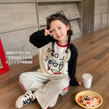 童装儿童韩系卡通印花t恤2024秋季新款女童宽松撞色插肩袖上衣潮