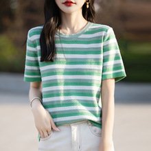 彩虹条纹圆领短袖t恤女装2024年夏季新款韩版宽松设计感休闲上衣