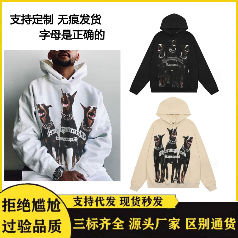 跨境潮牌repres杜宾犬高街美式复古连帽卫衣男女同款帽衫外套