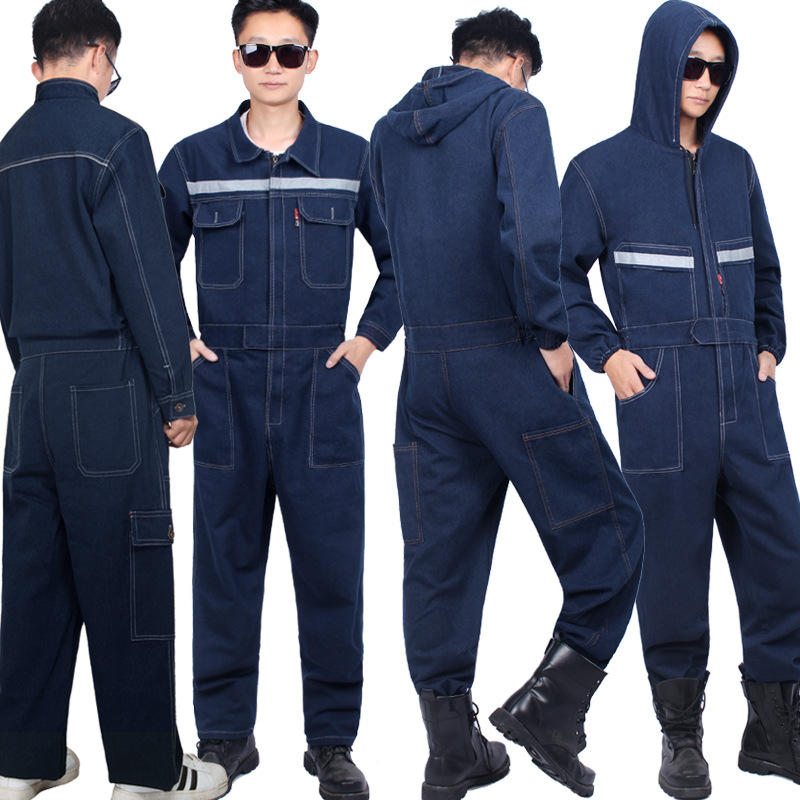 纯棉牛仔连体服连帽工作服批发女男士电焊防烫汽修机修制服劳保服