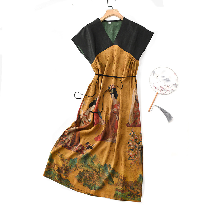 贵妃仕女图 真丝香云纱连衣裙龟裂拼提花纹桑蚕丝宽松系带女袍子