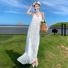 夏季新款海边度假温柔风白色珍珠蝴蝶蕾丝仙女网纱长款吊带连衣裙
