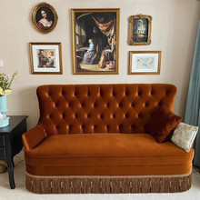 美式复古风三人拉扣沙发 法式小户型客厅设计师 流苏中古家具组合