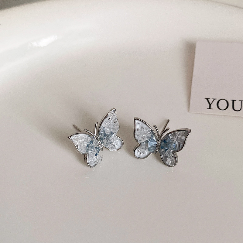 Silver Needle Blue Gradient Crystal Butterfly Flower Earrings Female Niche Design All-Match Earrings Personalized High-Grade Earrings