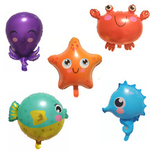 Q版海洋动物卡通铝膜气球 螃蟹海马章鱼河豚海星派对布置气球批发