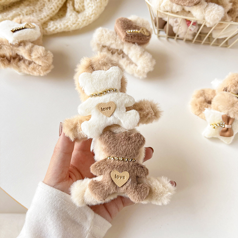 Children's Hair Accessories Autumn and Winter Milk Coffee Plush Grip Girls' Back Head Updo Shark Clip Furry Lovely Bear Barrettes