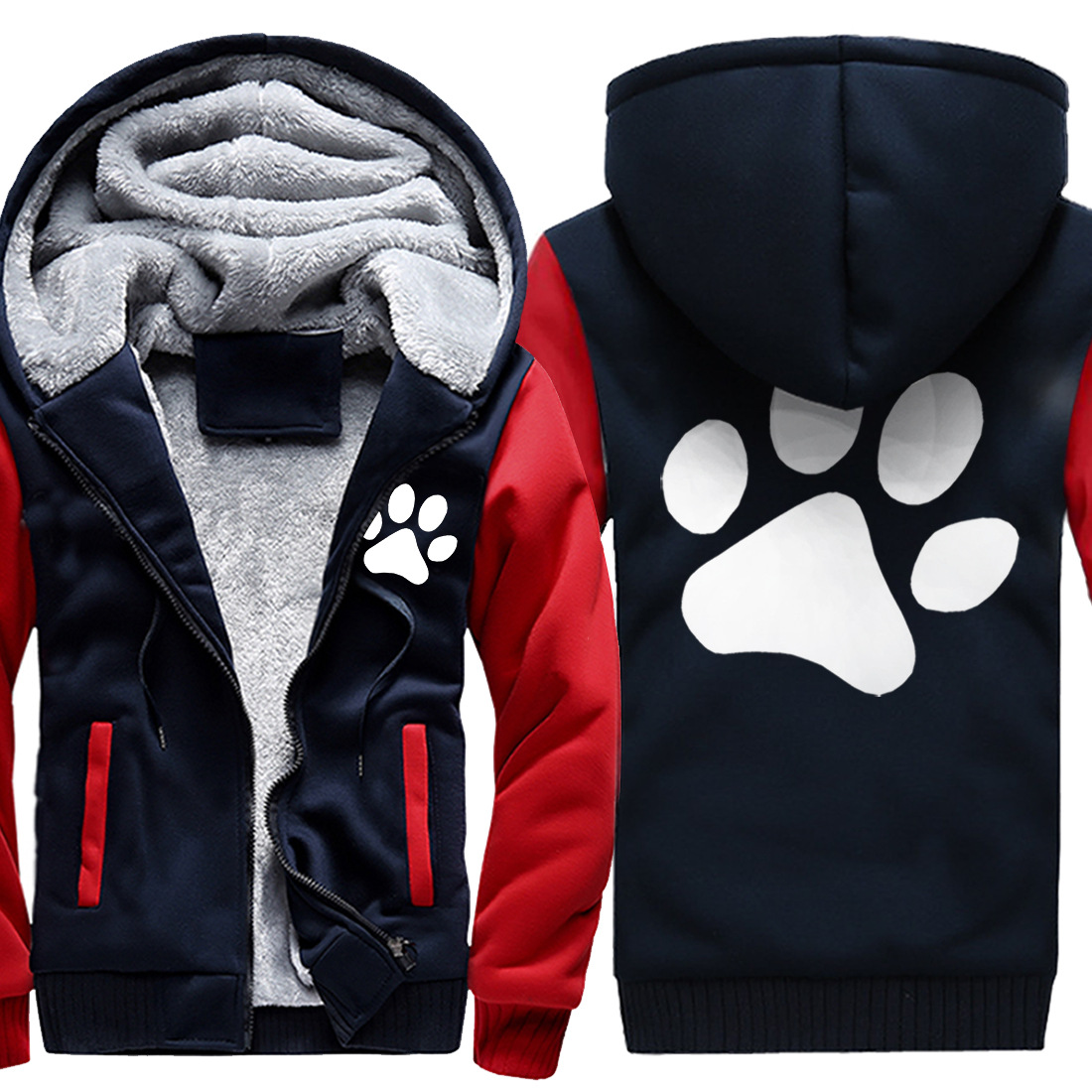 冬季保暖男士猫爪印花夹克加绒加厚棉袄运动服运动服男连帽外套