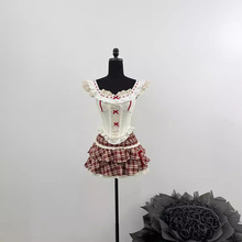 MILLAIDI2024夏季新款甜美蕾丝花边上衣+高腰红色格子半身裙套装