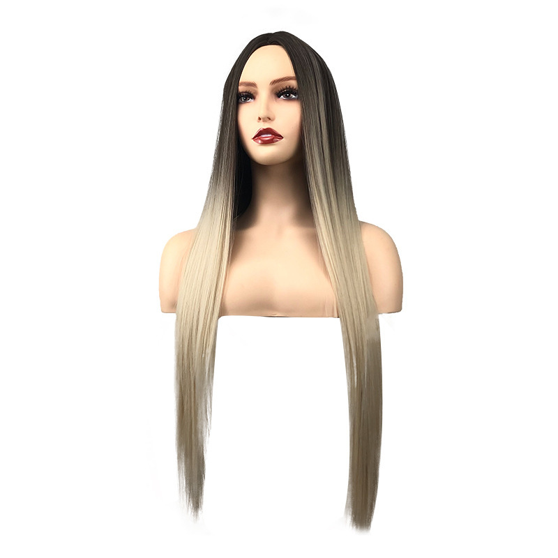 跨境外贸欧美时尚化纤假发女哑光丝黑色染色金色长直发玫瑰网头套