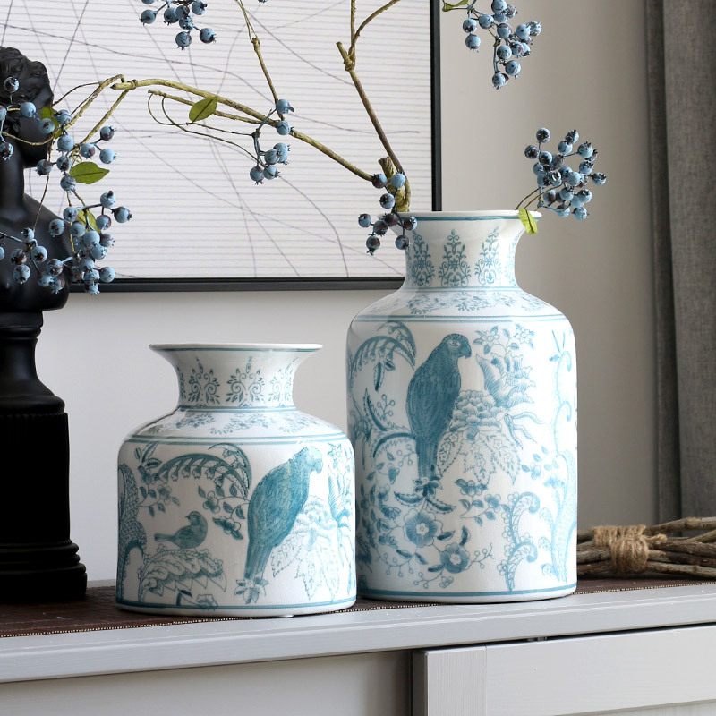 鹦鹉花卉纹青花瓷花瓶陶瓷国风新中式水养客厅插花花器装饰摆件