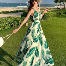 泰国三亚性感长裙2024夏装新款绿叶子胸围可调节海滩巴厘岛沙滩裙