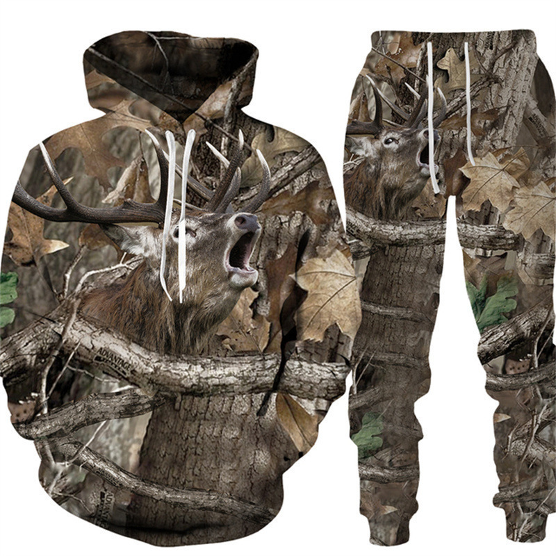 3d卫衣卫裤套装热门狩猎印花男装连帽衫带帽卫衣卫裤套