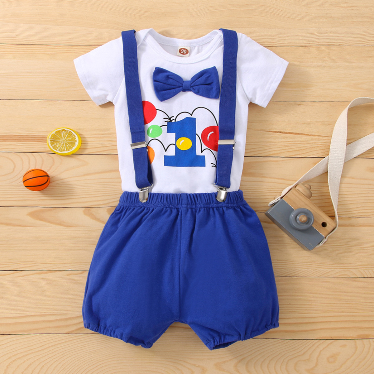 2023 Summer Baby Boys and Girls Baby Strap Short Sleeve Birthday Clothes Bow Number Printed Romper Two-Piece Set Baby Clothes