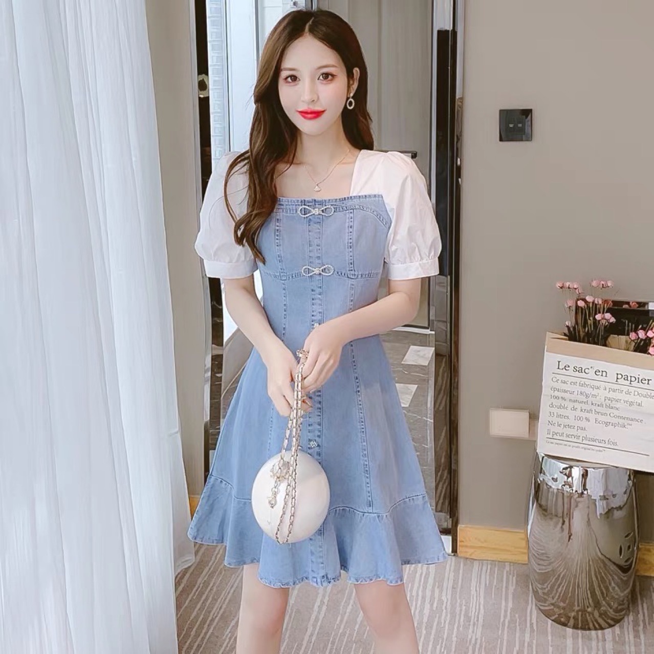 牛仔连衣裙女 泡泡袖韩版新款小仙女夏季时尚休闲气质靓女裙子