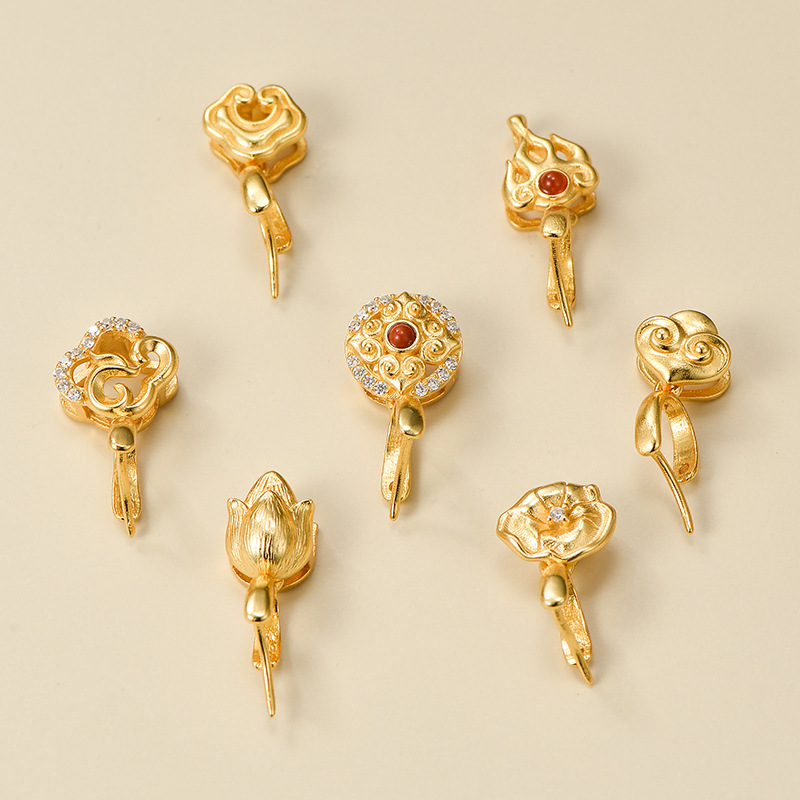 s925银镀金荷花郁金香扣头镂空如意长针吊头玉石坠夹吊坠扣夹扣