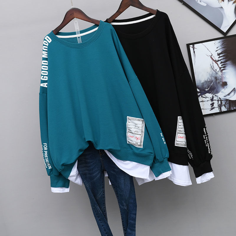 Plus Size 1.00 Kg-150.00 kg Long Sleeve False Two-Piece Sweaters Female 2022 Spring and Autumn Mid-Length Korean Style Loose Top Coat