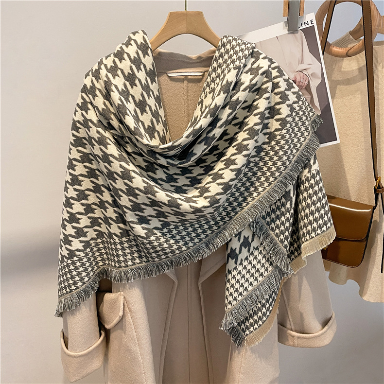Houndstooth Scarf for Women Winter 2022 New Four-Side Scarf Artificial Cashmere Scarf Wholesale Factory Thickened Shawl Scarf