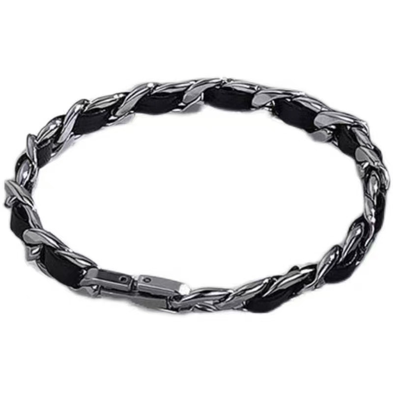2023 New Leather Bracelet Men's Trendy High Sense Ins Men's Minority Simple Hip Hop Necklace Whole Body Titanium Steel