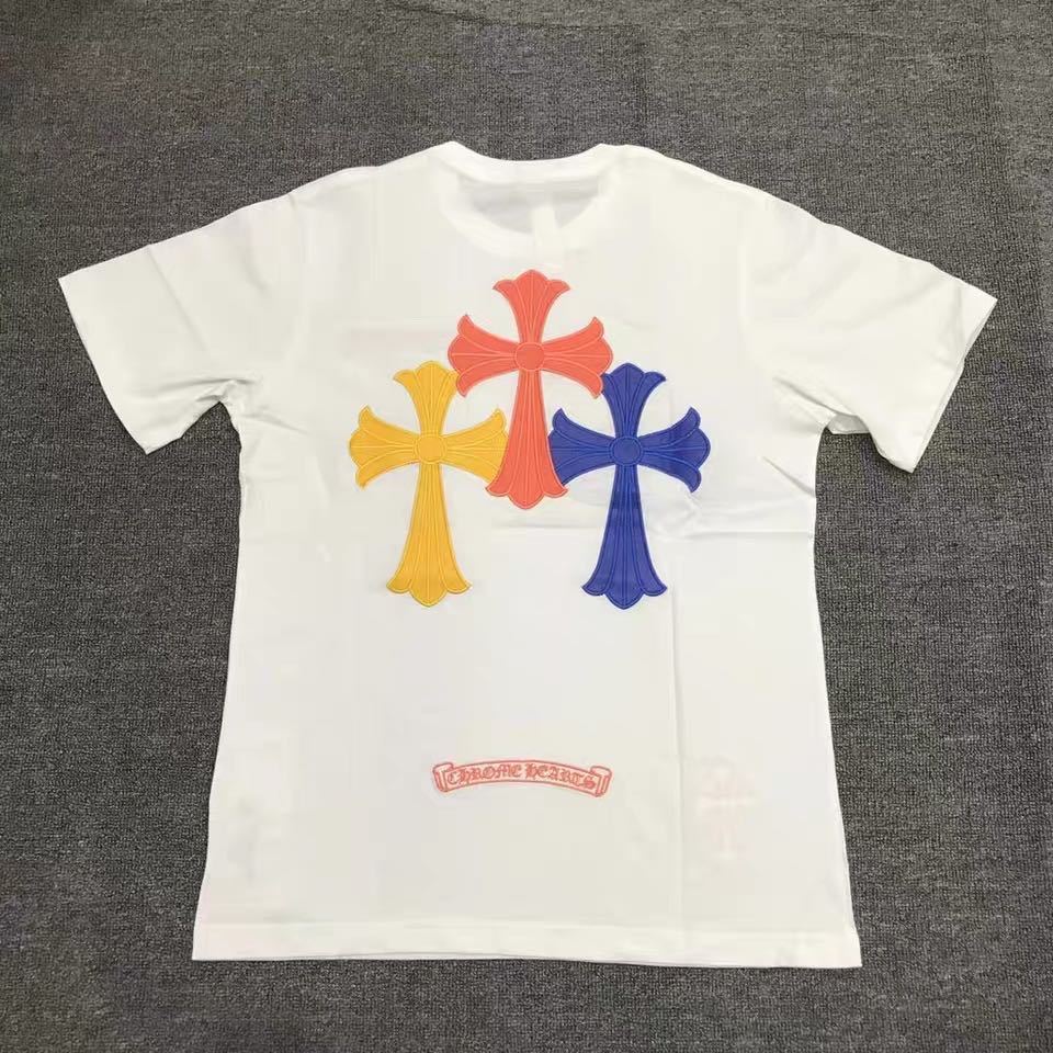 22ss新款chrome hearts拼色彩色十字架短袖克罗拼皮重刺绣男女t恤