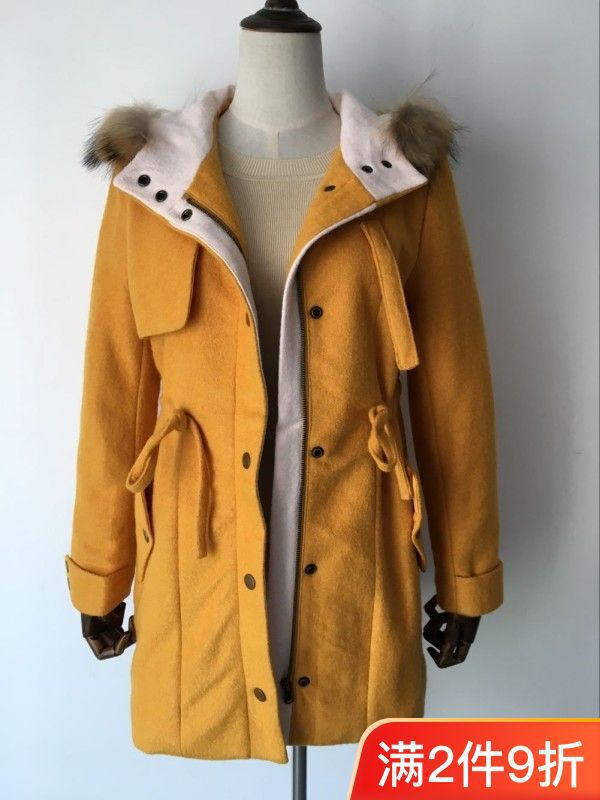 新款连帽真貉子毛领抽绳收腰棉袄保暖加棉加厚修身毛呢大衣外套女